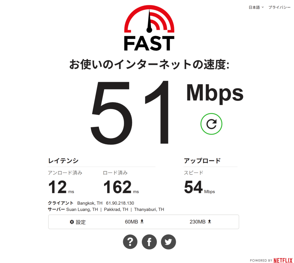 ペニンシュラ・バンコク客室Wi-Fiの速度計測結果
